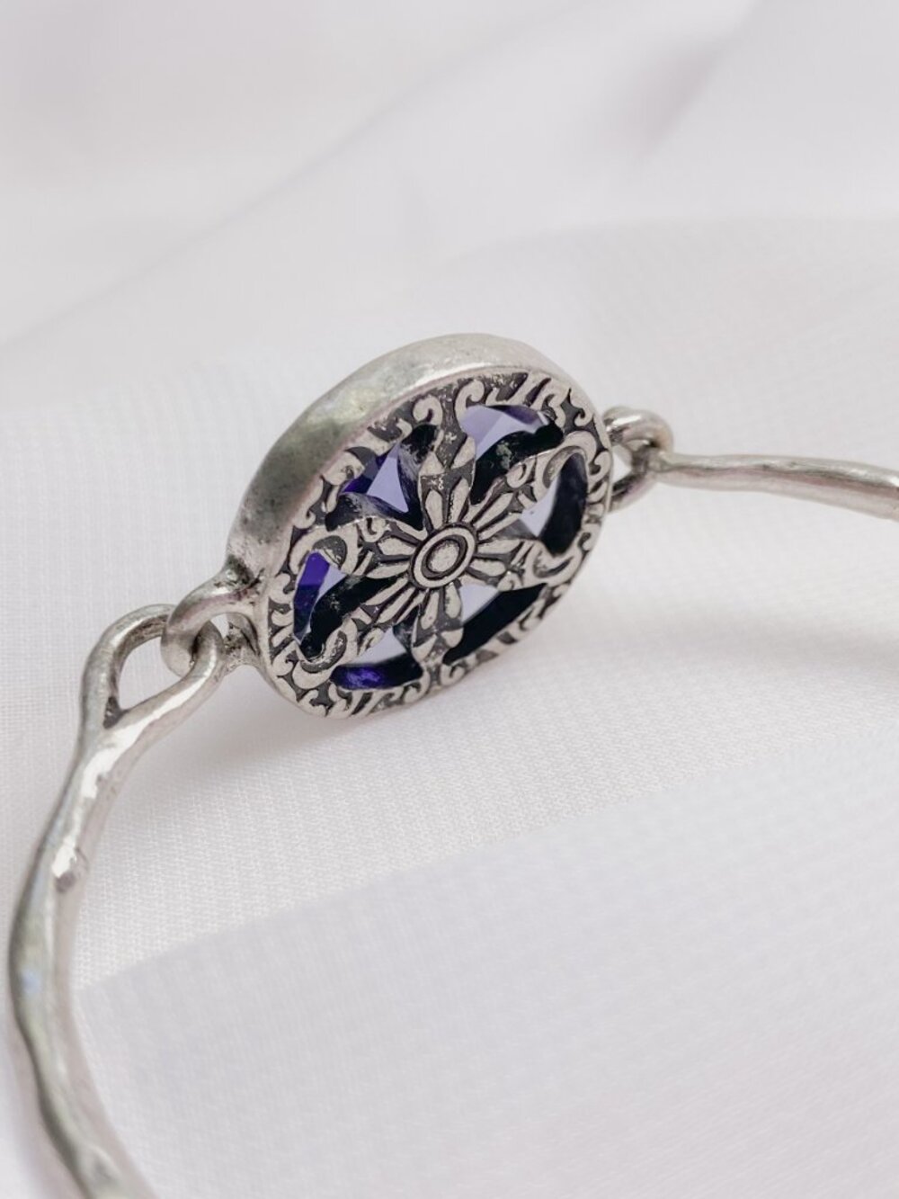 Lucky Brand Purple Crystal Flower Round Jewel Gem Boho Silver Bangle Bracelet - Picture 7 of 10
